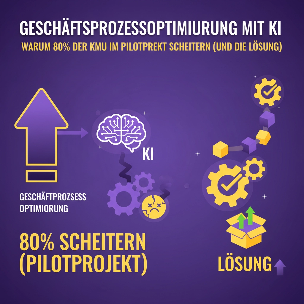 Grafik, die Geschäftsprozessoptimierung mit KI und die Herausforderungen von Pilotprojekten darstellt.